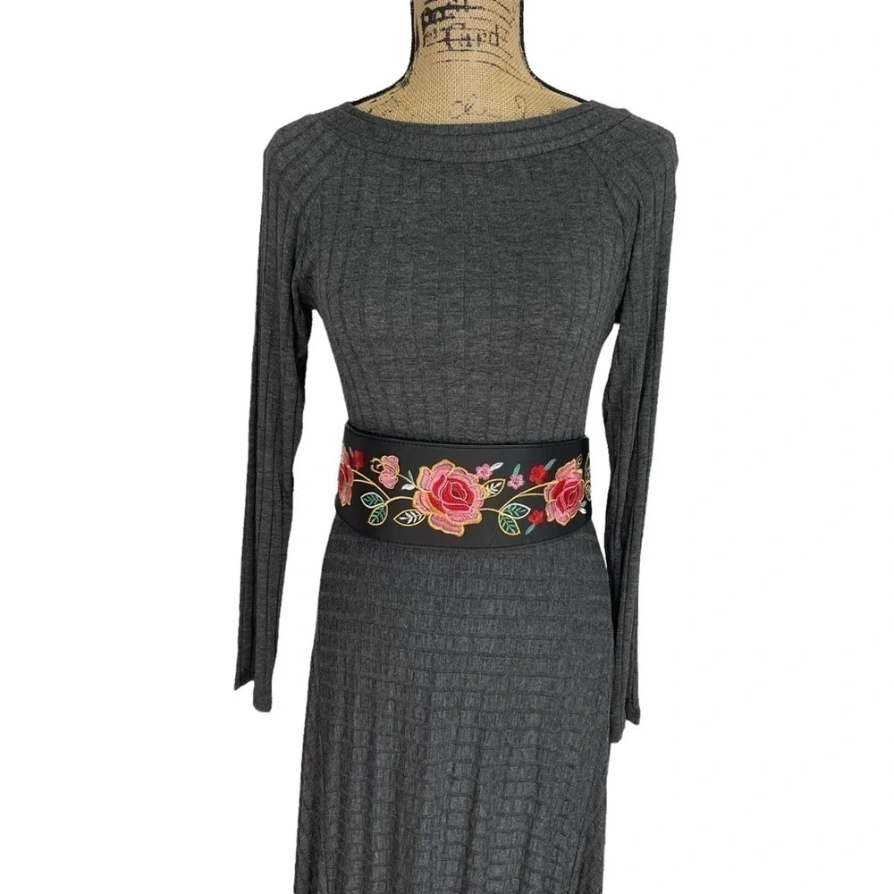 Boutique Embroidered Floral Rose Belt Tie Around Faux Leather